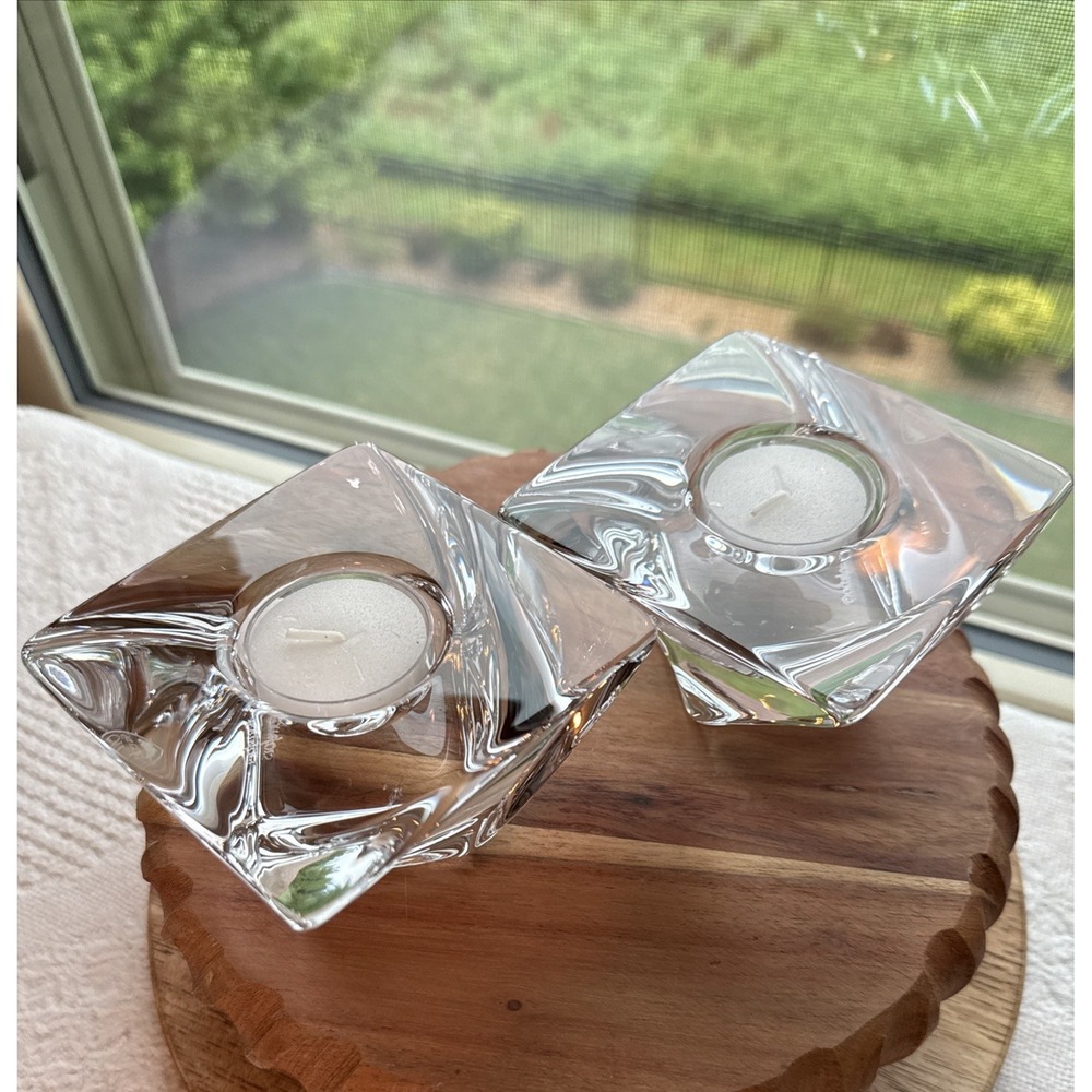 Orrefors Sweden Crystal Tealight Candle Holder X2 Modern Scandinavian Art Glass